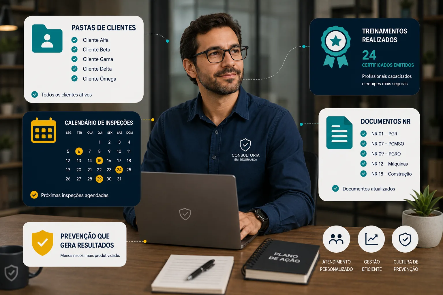 Consultor de segurança com pastas por cliente, calendário de inspeções e documentos das NRs