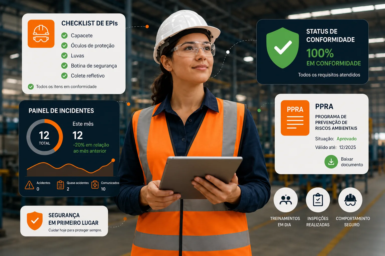 Técnica de segurança em campo com checklist de EPIs, painel de incidentes e status de conformidade da obra