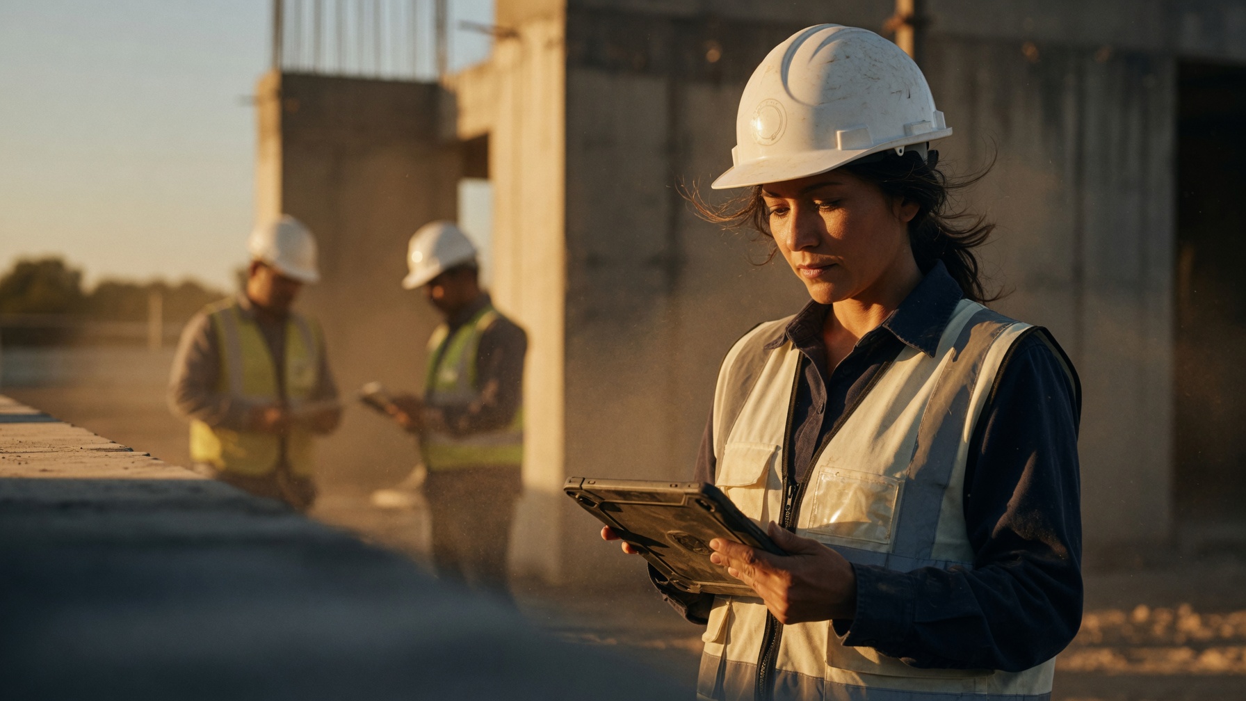 Técnica de segurança do trabalho usando tablet em canteiro de obras
